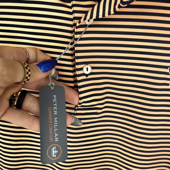 Peter Millar Summer Comfort Peach Navy Striped Performance Golf Polo Shirt - Picture 3 of 10